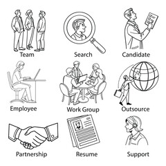 Business People Vector Icons &ndash; 9 Clean Line Office and Teamwork Symbols on White Background