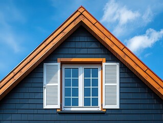 Triangular Roof with Wooden Trim and Black Shingles, White Window with Shutters Against a Blue Sky