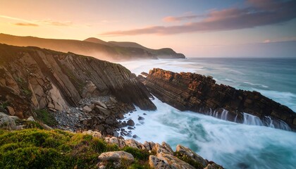 Obraz premium Ocean Waves Crashing on Rocky Coastline at Sunset