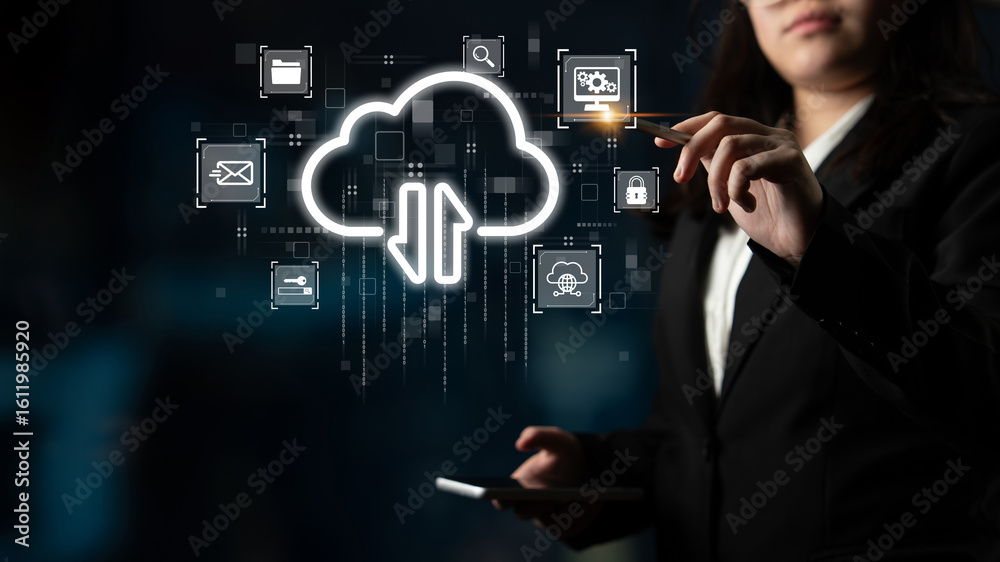 Poster cloud computing enables digital growth with secure data storage, scalable infrastructure, and strate