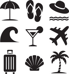 Summer Vacation Silhouette Icons Set – Beach, Travel, and Holiday Symbols Vector Pack