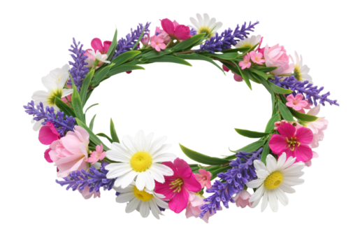 A vibrant floral crown featuring white daisies, purple lavender, and pink flowers, arranged lushly against a transparent background. AI generated.