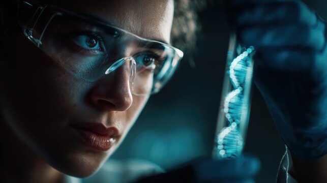 Examining a luminous DNA strand in a high-tech laboratory under vibrant illumination