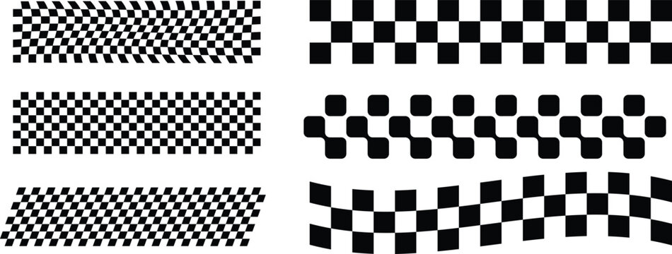 Racing Stripes and Checkered Flag Vector Set. Racing Banner chequered, checker, stripes, pattern, line, race track Icons. Race Track & Flag Vector Set