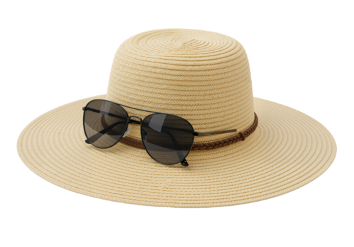 A light beige straw hat with a woven texture and dark aviator sunglasses resting on the brim, set against a transparent background. AI generated.