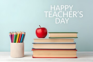 Stack of books with apple and colored pencils education