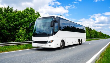 White bus on highway, sunny day (1)