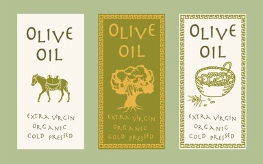 Olive oil label. Hand drawn olive tree, baskets of olives, oil bottle. Organic or artisanal product labels, branding, food packaging