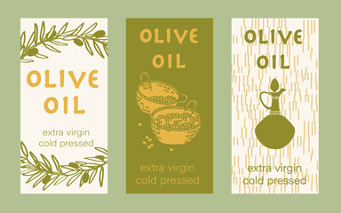 Olive oil label. Hand drawn frame - wreath of olive branches, baskets of olives, oil bottle. Organic or artisanal product labels, branding, food packaging