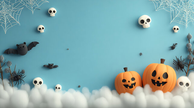 Halloween pumpkin background, spooky skull and bat border, blue copy space