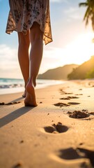 Woman walking barefoot on beach at sunset