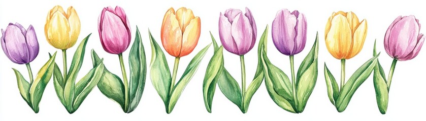 Obraz premium Colorful Tulips in a Row with Green Leaves and Buds