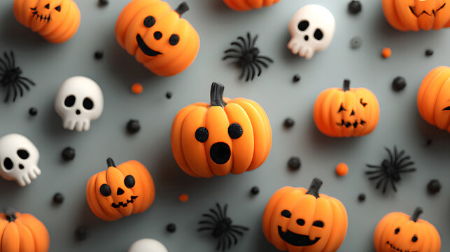 Halloween background halloween pumpkins, skulls, and spiders scattered on a grey background - Powered by Adobe