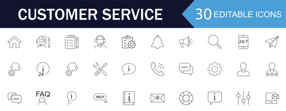 Customer service line icon set. Help and support. Includes help desk, 24hr service, assistance,  customer, and communication tools. Perfect for web, app, and user support visuals. Vector illustration.