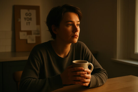 Young person holding coffee mug in warm morning light, gazing thoughtfully out the window, reflecting calm and motivational coffee moments.
