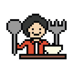 Pixel art cute cartoon 8bit character man eat food hungry delicious lifestyle decor restaurant 8 bit male boy meal isolated png vector.