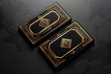 Two black and gold ornate boxes are displayed on a dark textured surface in a close up shot