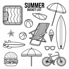 Summer bucket list icons including surfboard, burger, and sunglasses