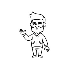 Grumpy Bearded Man Gesturing. A stern cartoon man with a beard and modern haircut raises his hand, conveying disapproval or a firm explanation.