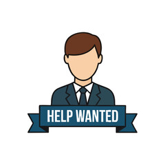 Help Wanted Job Recruitment Icon. This flat illustration depicts a male worker with a banner indicating an urgent need for personnel, symbolizing employment opportunities and hiring.