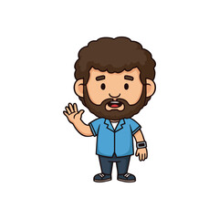 Friendly Waving Bearded Cartoon Man. Charming cartoon drawing of a cheerful male figure with a beard and curly hair, extending a welcoming gesture. Represents approachability and a warm greeting.