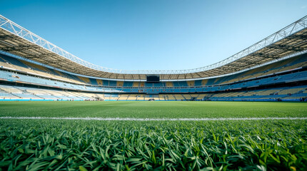 Grass football pitch at stadium at sunny day with blue sky. large, modern, and empty sports stadium. The vibrant green grass field is in the foreground, leading up to rows of blue and yellow seats