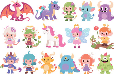 Obraz premium Collection of cute fantasy creatures and characters isolated on transparent background