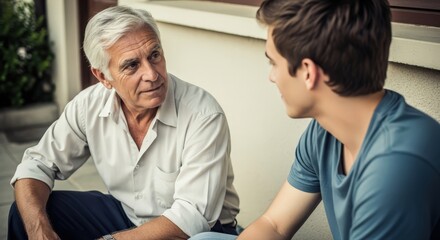 Obraz premium intergenerational conversation between grandfather and adult grandson outdoors