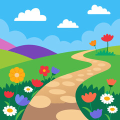 Obraz premium Colorful wildflowers path rolling hills blue sky meadow