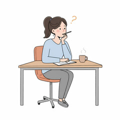 Young woman pondering while sitting at a desk with coffee cup  