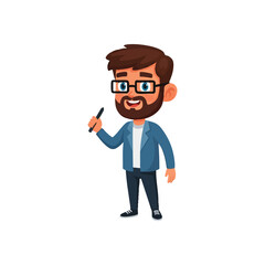 Smiling Bearded Man with Pen Illustration. This cheerful individual, adorned with spectacles and a neat beard, confidently holds a writing instrument, embodying expertise and innovation.
