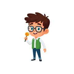 Smiling Boy with Bright Flower. This cheerful cartoon youth holds a vibrant yellow bloom. His beaming expression radiates kindness and innocence, perfect for themes of friendship or giving.
