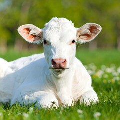 White calf in grassy field