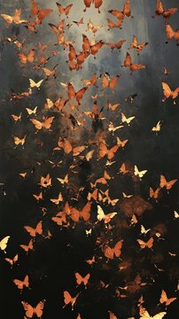 A dreamy, upward angle captures a swarm of butterflies in a mystical, dark forest setting, evoking a surreal, cinematic video atmosphere. Mobile wallpaper ratio.