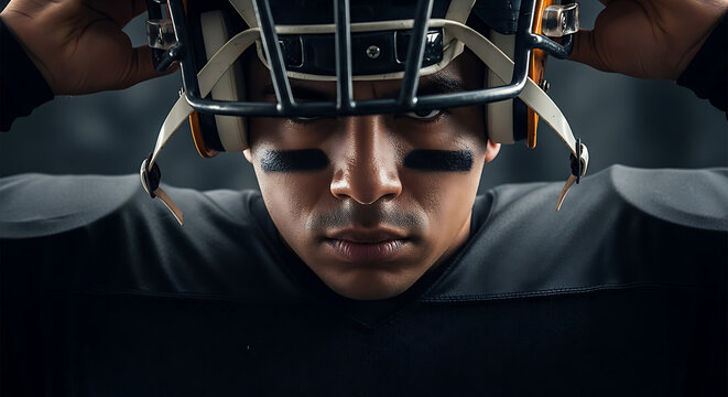 Determined American football player adjusting helmet ready for intense game action sweat on face intense focus - Powered by Adobe