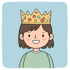 Young girl smiling while wearing decorative paper crown on blue background  
