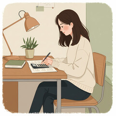 Young woman calculating expenses while studying at a desk indoors  