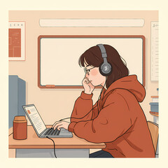 Young woman studying on laptop wearing headphones in classroom  