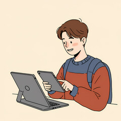 Young man with backpack using tablet while sitting at a desk  
