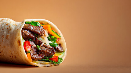 Savory beef and vegetable wrap with fresh ingredients and a warm tortilla steak vegetables