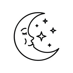Sleeping Crescent Moon and Stars. This calm lunar visage dreams softly under a starry expanse. Perfect for themes of slumber, wonder, and celestial peace. Simple, inviting art.