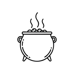 Mystic Cauldron Outline Illustration. A minimalist black and white rendering of a magical vessel brimmed with enigmatic objects. Represents spells, prosperity, or festive treats, conveying intrigue.