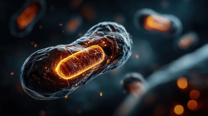 Cell showcasing vibrant, glowing mitochondria in a microscopic exploration of life and energy