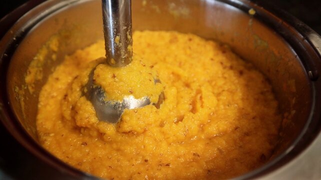 Thick orange vegetable puree is being blended in a metal pot using an immersion hand blender. The hearty texture and warm color suggest a comforting homemade dish