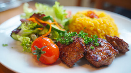 colorful meal featuring grilled meat portions garnished with fresh herbs, alongside yellow saffron rice, crisp green salad with cherry tomatoes, cucumber. Ideal for showcasing healthy, gourmet dining