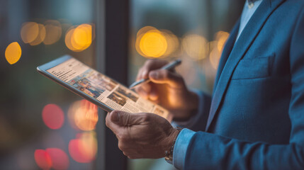 Close-up of a man in a suit using a digital tablet with a stylus, with glowing, out of focus city lights in the background. Represents modern business, technology, finance, and urban professional life