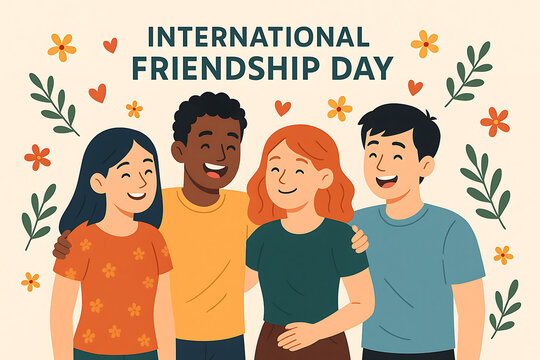 International friendship day card with diverse group of happy friends smiling and standing together surrounded by floral elements