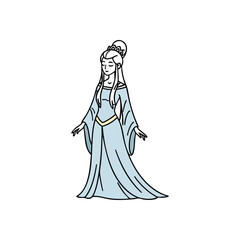 Fototapeta premium Elegant Mystic Queen Character Art. A graceful enchantress illustration with long white hair and a crown, adorned in a flowing light blue gown. Represents serenity, fantasy, and regal beauty.