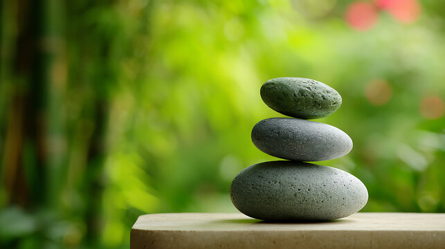 Stacked smooth grey and green stones balanced on a light surface with a blurred green leafy background