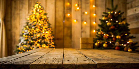 Rustic wooden table with two decorated christmas trees and warm glowing lights in the background